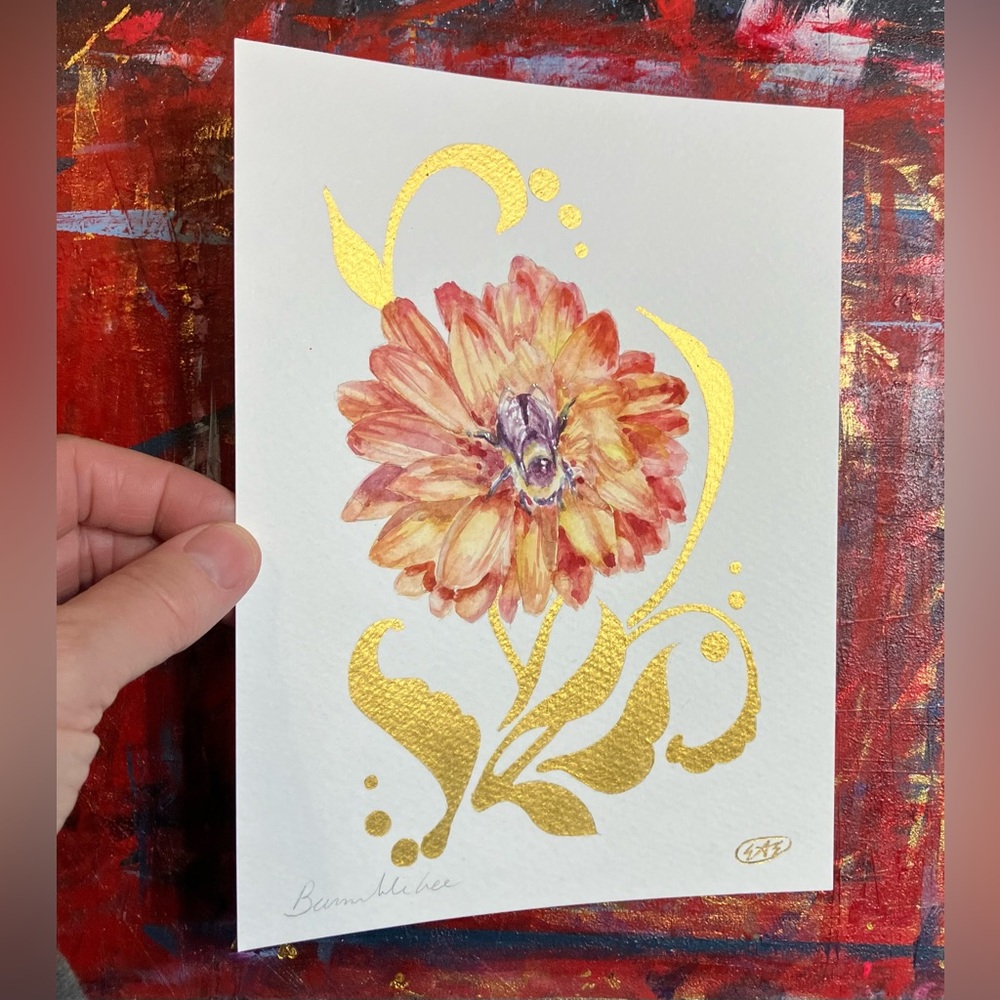 Original floral bumblebee painting Watercolor Art bee Dahlia Flower Gold accent
